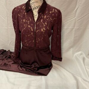 Symphony Burgandy Long Sleeve, V Neck, Wide Leg, Lace Overlay Jumpsuit.  Size: L